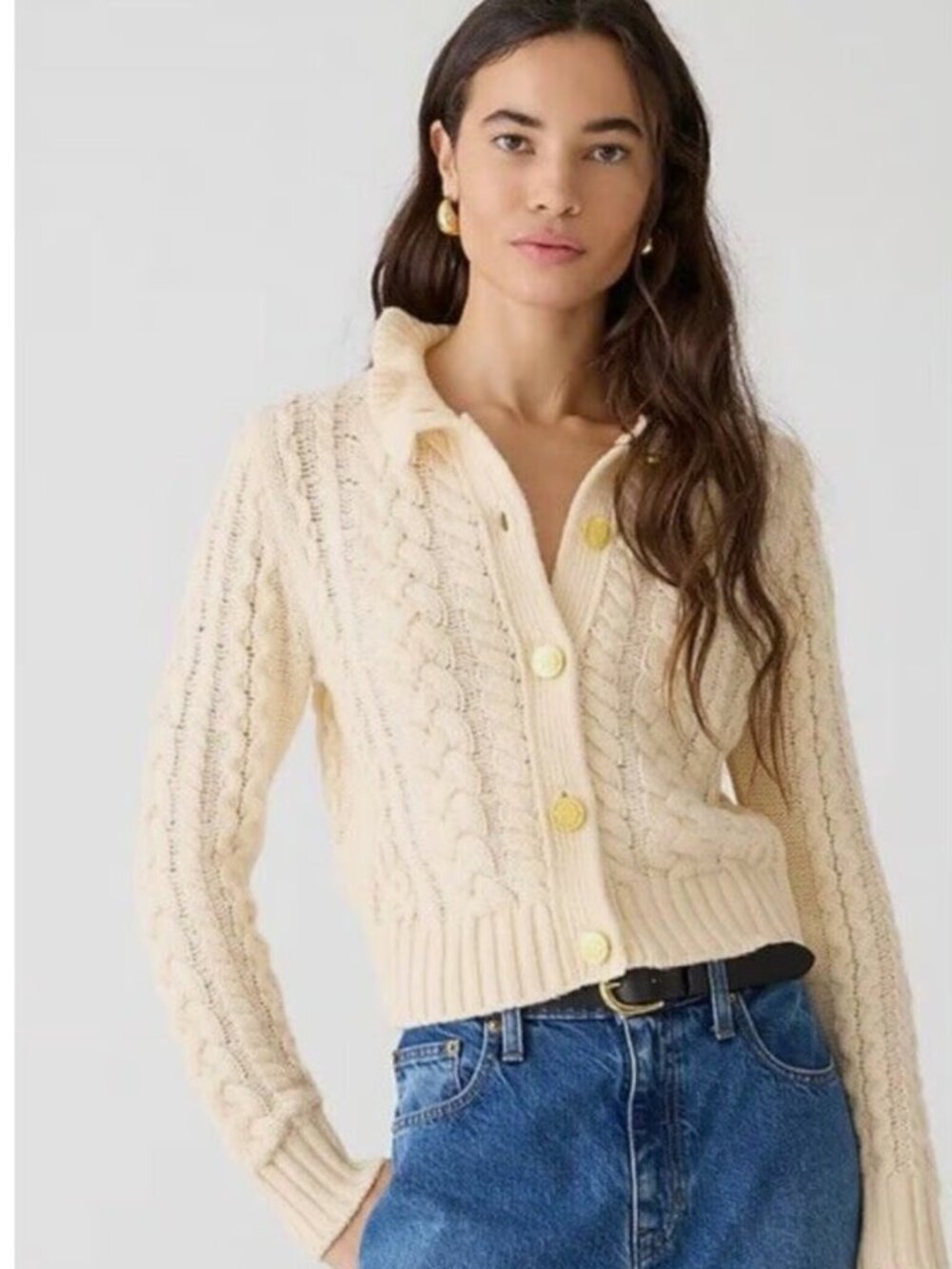 J. CREW Cable-knit Ruffleneck Cardigan Sweater in Butter Cream Size S - Picture 2 of 10